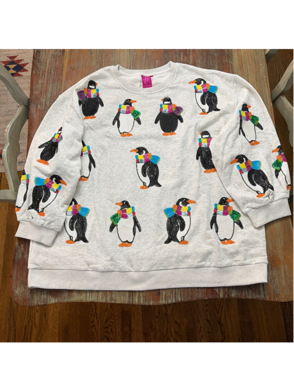 Queen of Sparkles NWOT XXL All Over Sequin Penguin Heathered Grey Sweatshirt